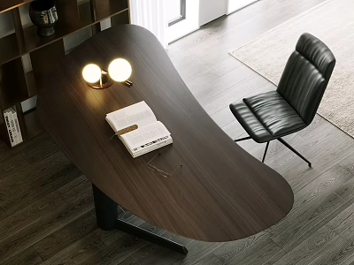 Wooden Office Desk With Two Round Table Lamps Stack of Books and Black Leather Chair 3d model