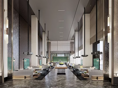 Spacious Modern Hotel Lobby Interior With Hanging Chandeliers Marble Floor And Decorative Wall Panels 3d model