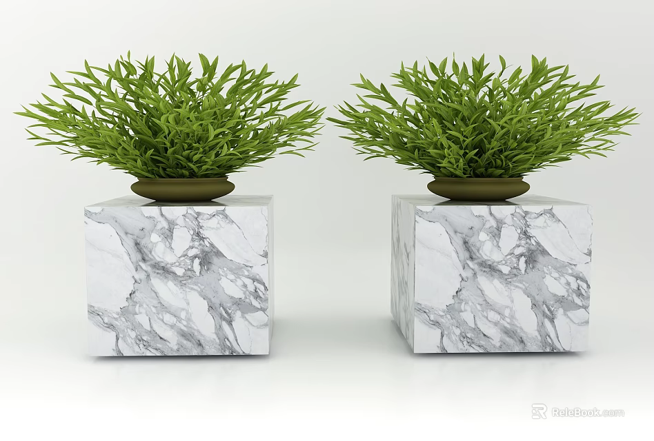 Bonsai Potted Plants With Green Leaves On Marble Cube Bases And Brown Pots 3d model 