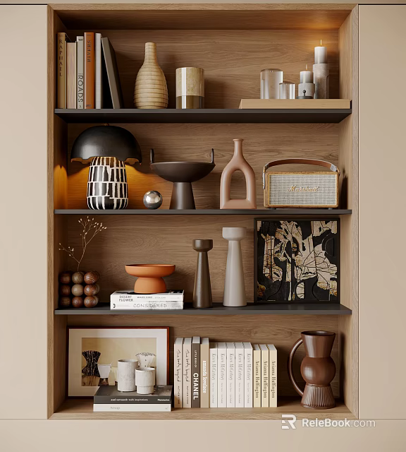 Modern Decorative Ornament Set With Vase Lamp Books And Artwork On Wooden Shelf 3d model 