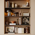 Modern Decorative Ornament Set With Vase Lamp Books And Artwork On Wooden Shelf