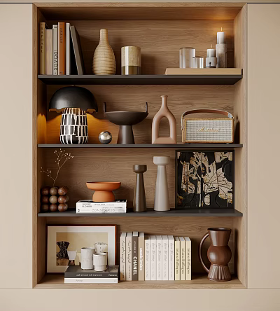 Modern Decorative Ornament Set With Vase Lamp Books And Artwork On Wooden Shelf 3d model