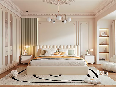 Elegant Modern Bedroom Interior Design With Upholstered Headboard Chandelier Nightstands And Round Rug 3d model