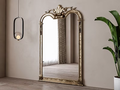 Ornate Gold Framed Mirror in Modern Interior With Hanging Light Potted Plant and Reflected Window 3d model