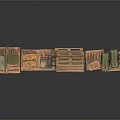 Daily Necessities Storage With Stacked Various Sizes Wooden Crates And Green Sacks