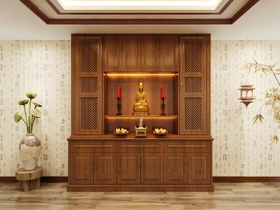 Traditional Chinese Wooden Buddhist Shrine Cabinet with Buddha Statue Red Candles Offerings and Flower Vase 3d model