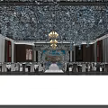 Luxurious Banquet Hall With Blue White Floral Ceiling Grand Chandelier And Decorative Arch