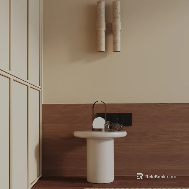 Minimalist White Side Table With Beige Wall And Brown Panel Decor In Modern Space 3d model 