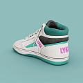White High Top Sneakers With Green Collar Pink Logo And Perforated Design Details