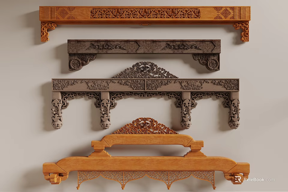 Ornamental Decorative Components With Intricate Carved Patterns And Wooden Stone Structures 3d model