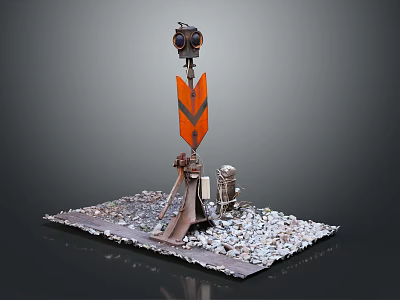 Industrial Scene Model With Orange Striped Arrow Sign Top Monitoring Device And Gravel Base 3d model