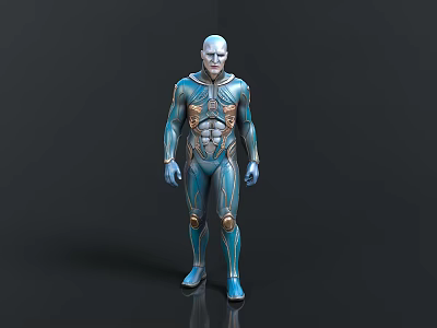 Futuristic Humanoid Character in Blue and Gold Tight Suit with Intricate Patterns and Metallic Accents 3d model