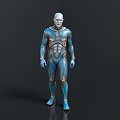 Futuristic Humanoid Character in Blue and Gold Tight Suit with Intricate Patterns and Metallic Accents