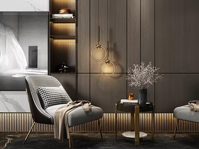 Gray Lounge Chairs With Gold Legs Side Table And Hanging Lights By Dark Wooden Wall 3d model
