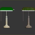 Two Vintage Table Lamps With Green Lampshades And Contrasting Metallic Aged Bases