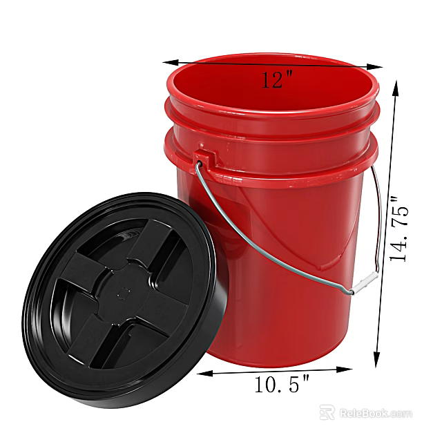 Red Plastic Bucket With Black Lid Metal Handle And Size Measurements 3d model 