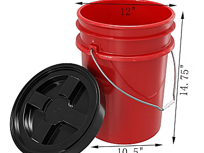 Red Plastic Bucket With Black Lid Metal Handle And Size Measurements 3d model
