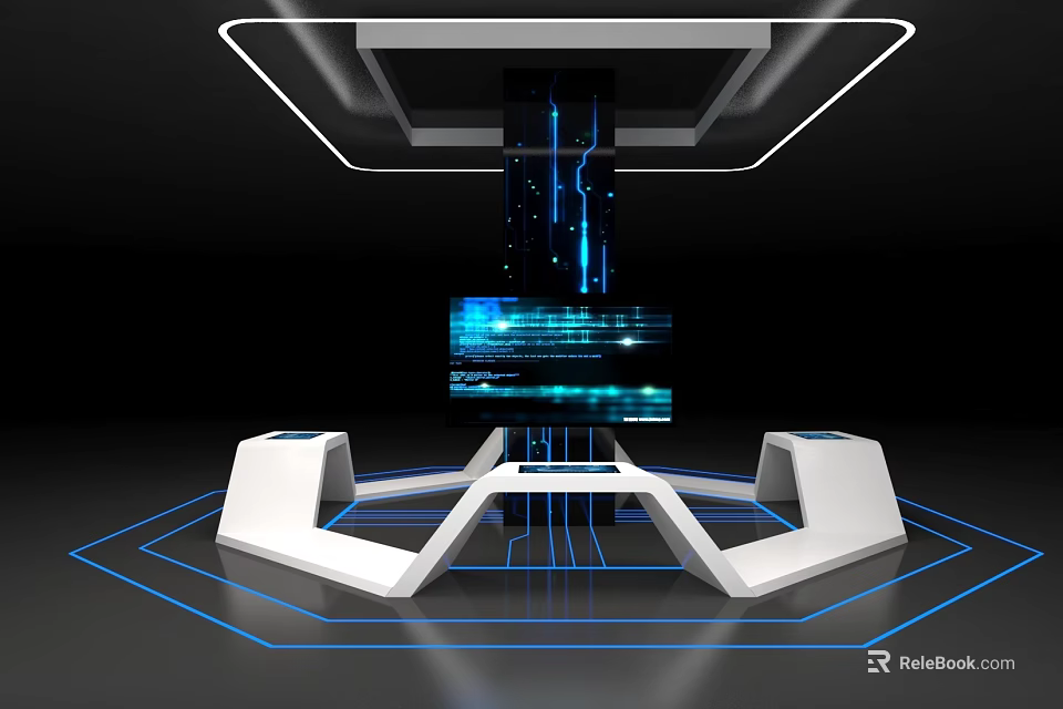 Futuristic Tech Installation With Central Geometric Structure Illuminated Lines And Display Screen 3d model