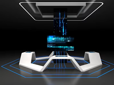 Futuristic Tech Installation With Central Geometric Structure Illuminated Lines And Display Screen 3d model