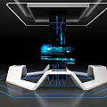 Futuristic Tech Installation With Central Geometric Structure Illuminated Lines And Display Screen 3d model