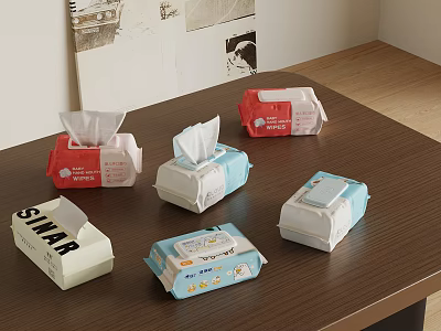 Various Packaged Tissues With Different Colors And Designs On Wooden Table 3d model