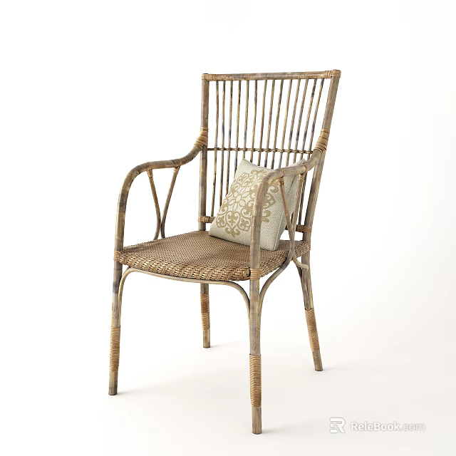 Natural Rattan Leisure Chair With Woven Frame Armrests And Intricate Patterned Cushion 3d model 
