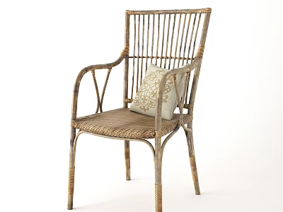Natural Rattan Leisure Chair With Woven Frame Armrests And Intricate Patterned Cushion 3d model