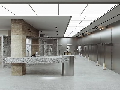 Modern Clothing Store Interior With Concrete Counter Metal Walls And Clothing Racks 3d model