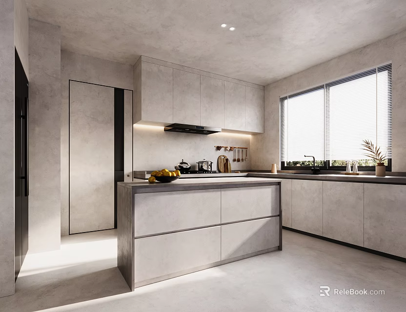 Minimalist Gray Kitchen Interior With Island Countertop Cabinets And Large Windows 3d model 