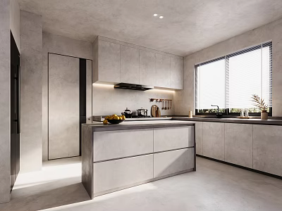 Minimalist Gray Kitchen Interior With Island Countertop Cabinets And Large Windows 3d model