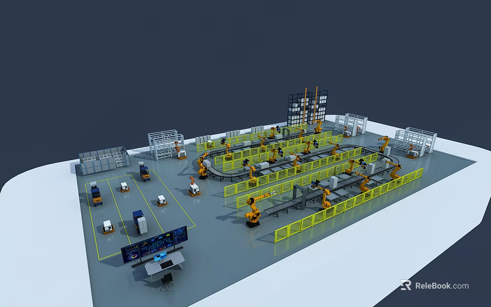 Industrial Sandbox with Robotic Arms Conveyor Belts and Control Desk in Factory Layout 3d model 