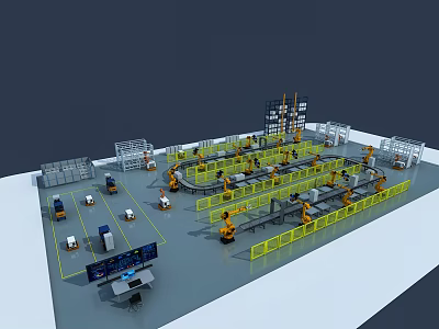 Industrial Sandbox with Robotic Arms Conveyor Belts and Control Desk in Factory Layout 3d model
