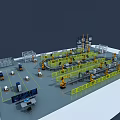 Industrial Sandbox with Robotic Arms Conveyor Belts and Control Desk in Factory Layout