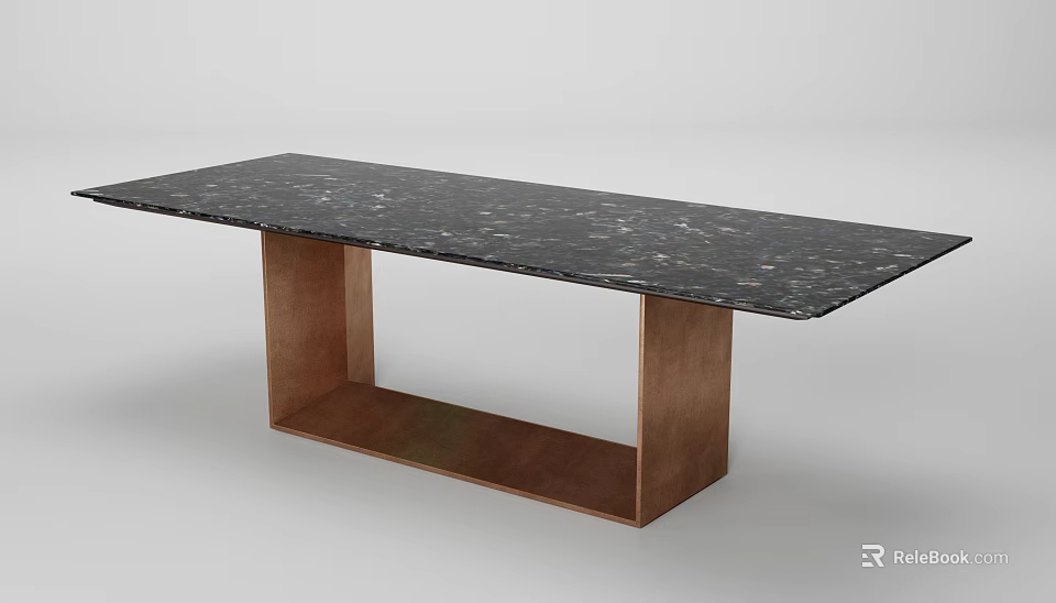 Sleek Modern Dining Table Featuring Black Marble Top And Copper Metal Base Design 3d model
