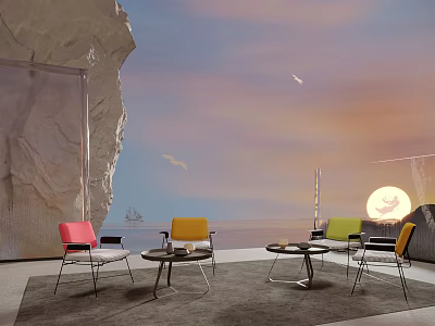 Outdoor Table Arrangement With Colorful Chairs And Seaside View Under Sunset Sky 3d model