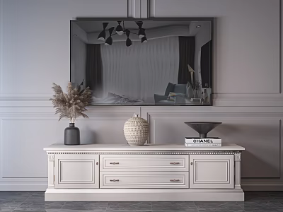White TV Stand With Vase Spherical Ornament Books And Mirror In Modern Living Room 3d model