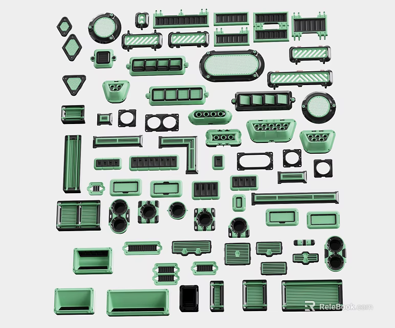 Assorted Green Mechanical Components With Various Shapes Sizes And Industrial Designs 3d model