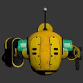 Yellow Robot Game and Movie Character With Black Eyes Green Glowing Parts Blue Transparent Sphere