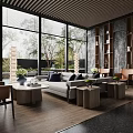 Modern Luxury Sales Office Reception Space With Large Floor Windows And Elegant Wood Furnishings