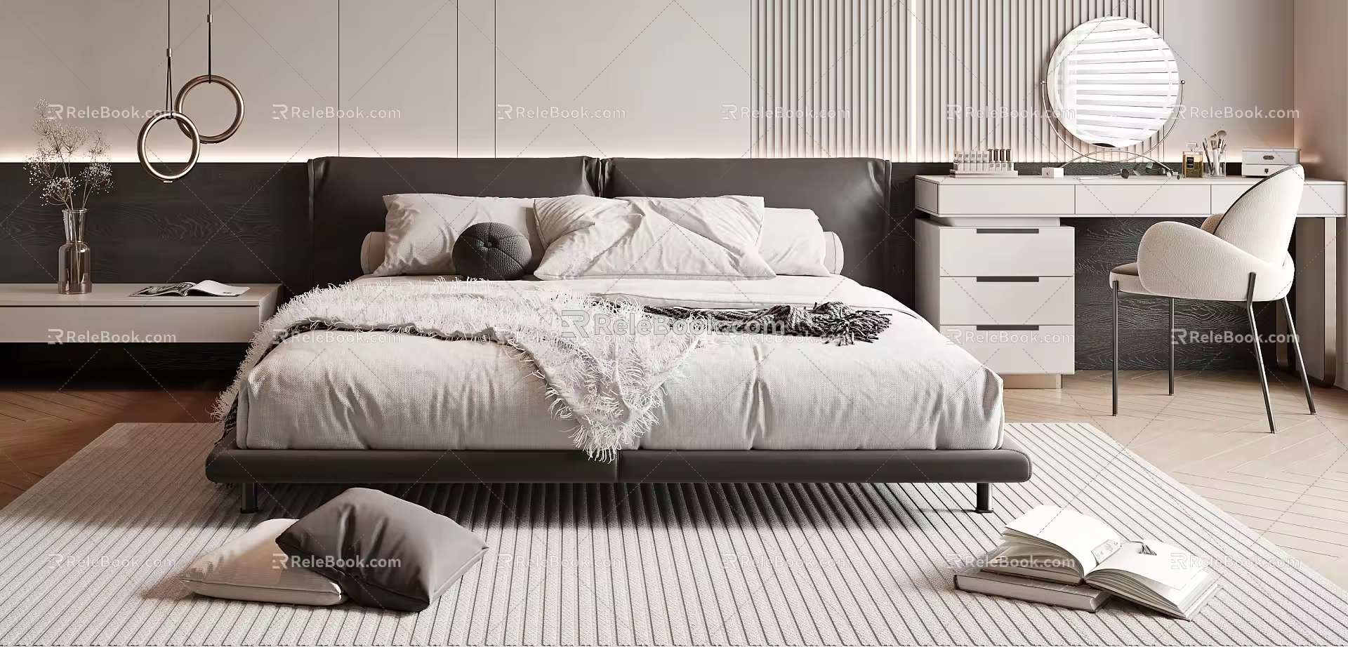 Double Bed Suspension Bed Wardrobe Dressing Table Single Chair Chandelier Carpet Background Wall Cosmetic Supplies 3d model