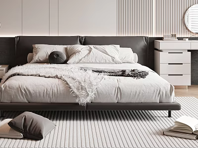 Modern Bedroom Interior With Gray Headboard White Nightstand Plush Blanket And Striped Wall 3d model