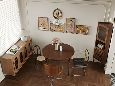 Modern Round Dining Table Set With Chairs Wooden Sideboard Wall Art Vase And Wall Clock 3d model