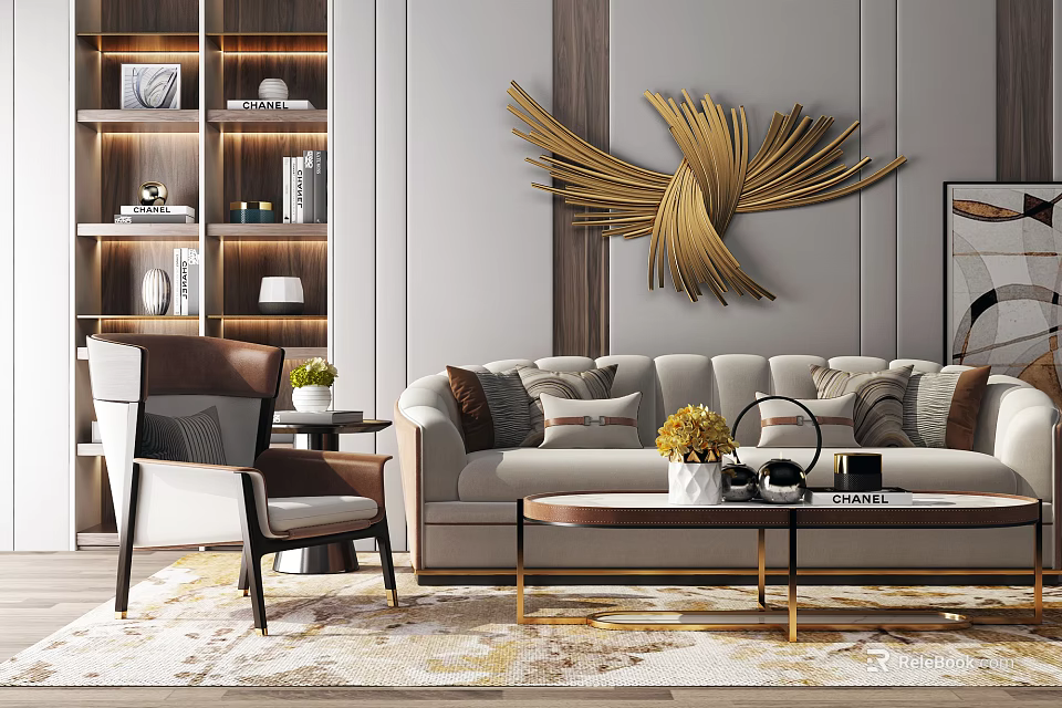 Elegant Modern Sofa Coffee Table Set With Golden Wall Decor And Accent Chair 3d model 