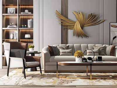 Elegant Modern Sofa Coffee Table Set With Golden Wall Decor And Accent Chair 3d model