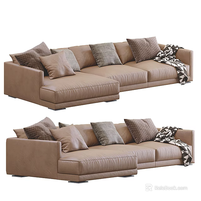 Light Brown Sectional Sofa with Multiple Cushions and Black White Checkered Throw Blanket 3d model