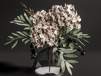 Transparent Glass Vase With Beige Hydrangea Flowers And Green Leaves Arrangement 3d model