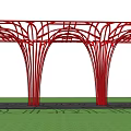 Red Vine Shaped Arched Pergola With Green Lawn Against Blue Sky And Snowy Mountains