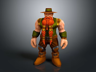Game Movie Character With Red Braided Beard Brown Hat Green Yellow Vest And Muscular Build 3d model