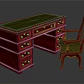 Red Solid Wooden Desk With Glass Top Multiple Drawers And Matching Chair Green Cushion
