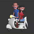 Two Cartoon Characters Riding White Scooter Male In Blue Striped Shirt Female In Red Top